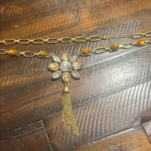 Gold and Orange Chain Necklace with Tassel